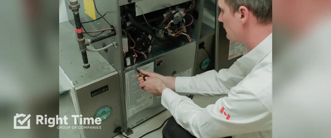 Technician inspecting an open furnace to identify whether it is gas or electric in London.