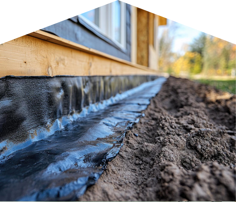 Exterior waterproofing completed by M&K, with a membrane sealing the lower foundation wall and a trench prepared for drainage installation. Exterior waterproofing completed by M&K, with a membrane sealing the lower foundation wall and a trench prepared for drainage installation.