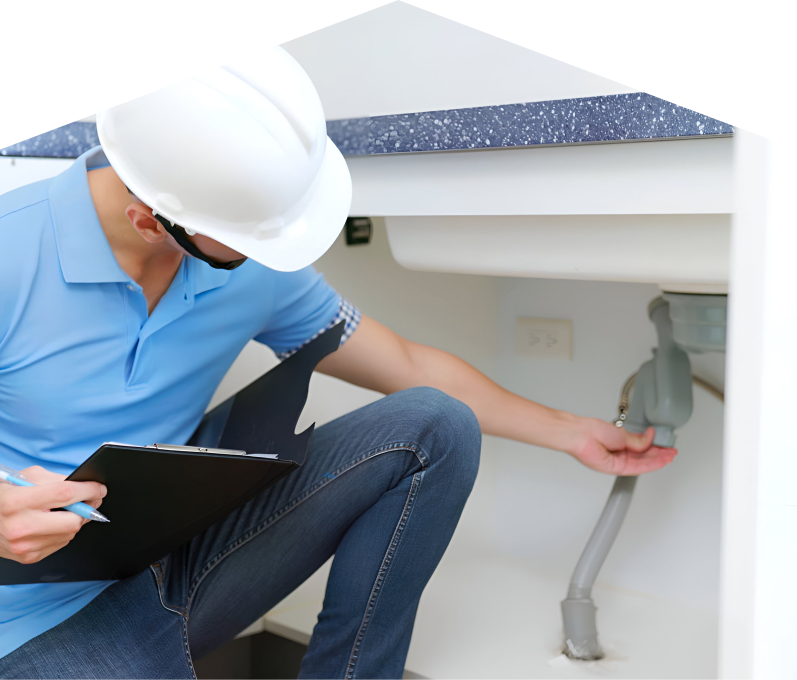 M&K plumbing specialist wearing a white hard hat, blue polo, and jeans, holding a clipboard while inspecting pipes under a sink for a water leak detection check. M&K plumbing specialist wearing a white hard hat, blue polo, and jeans, holding a clipboard while inspecting pipes under a sink for a water leak detection check.
